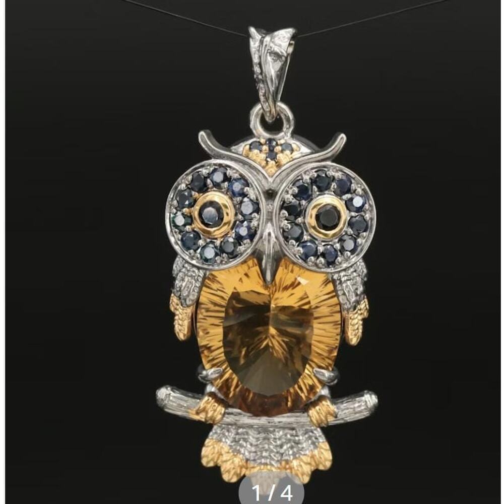 Sterling Silver Owl Pendant Necklace | Citrine Sapphire CZ Gemstone Statement
